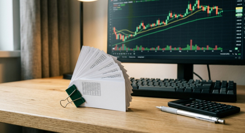 Fiches mémo pincées par une pince verte à côté d'une calculatrice — la valeur du tick et du point de chaque contrat futures