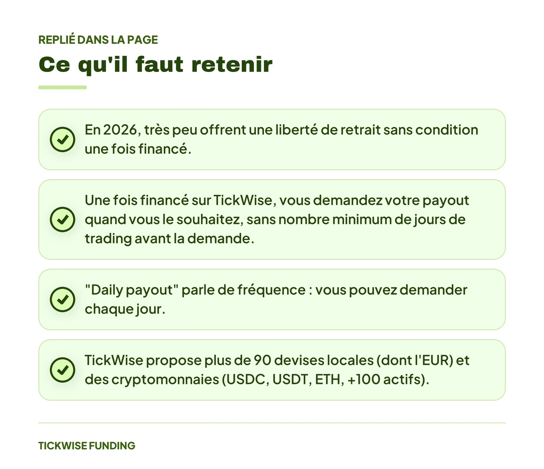 Prop Firm Retraits Illimités : Quelles Options en 2026 ? — Ce qu'il faut retenir