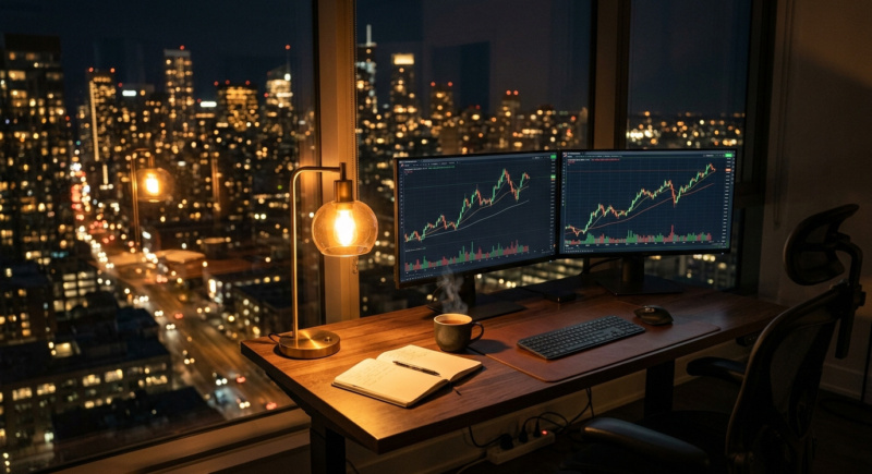 Bureau de trading vide la nuit devant la ville éclairée, deux écrans de graphiques en chandeliers — les marchés futures CME en continu en 2026
